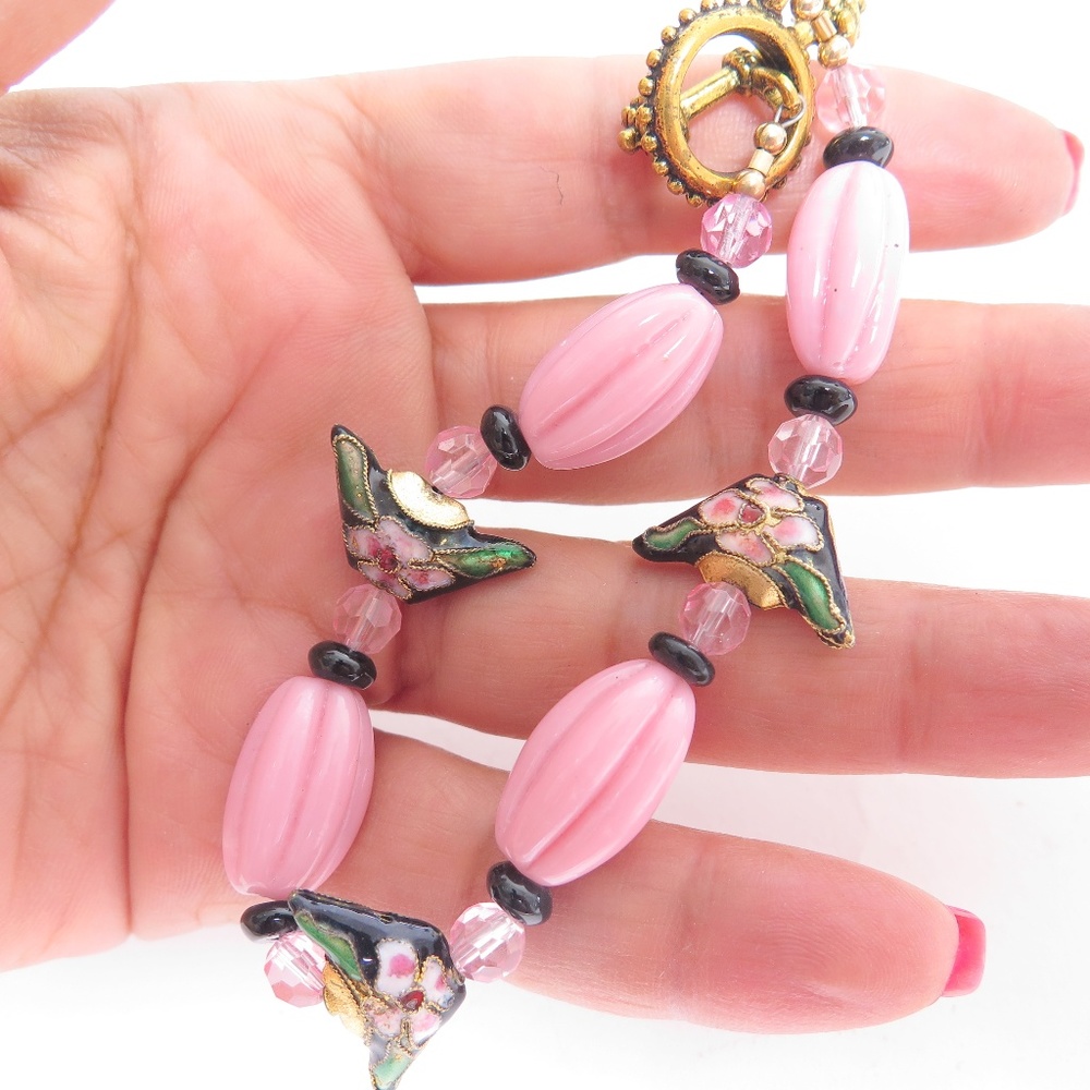 Pink Glass Green Flower Enamel Beaded Bracelet